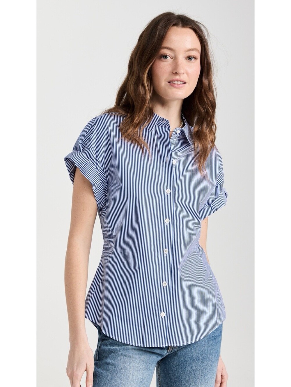 Frame Blue/White Striped Button Down Rolled Sleeve Shirt Size Medium